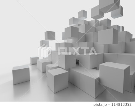 崩壊する白いキューブのピラミッド。積み上げられたキューブの3Dイラスト 崩壊する白いキューブのピラミッド。積み上げられたキューブの3Dイラスト 114813352