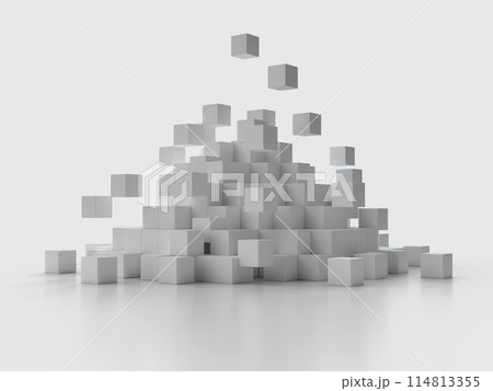 崩壊する白いキューブのピラミッド。積み上げられたキューブの3Dイラスト 崩壊する白いキューブのピラミッド。積み上げられたキューブの3Dイラスト 114813355