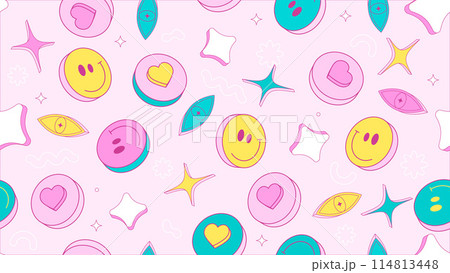 Happy smile faces seamless pattern in y2k style. Happy smile faces seamless pattern in y2k style. 114813448