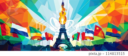 Olympic flame burning brightly with Eiffel Tower and international flags in colorful background 114813515