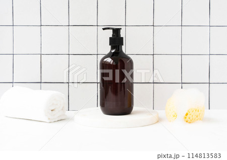 Brown bottle mockup for bathing products in bathroom Brown bottle mockup for bathing products in bathroom 114813583