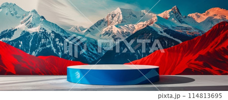 Modern pop art podium with Slovak flag colors set against a stunning mountain landscape Modern pop art podium with Slovak flag colors set against a stunning mountain landscape 114813695