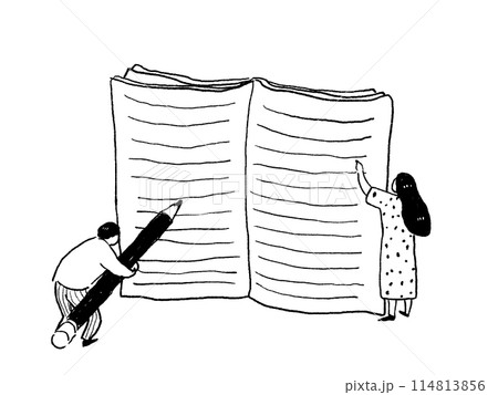 広げたノート（罫線あり）、鉛筆を持った男性と指を指す女性 114813856