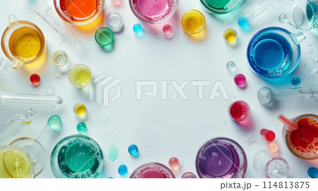High-key mockup with colorful laboratory glassware and chemicals in top view 114813875