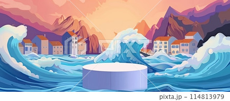 Vivid pop-art style coastal village with central podium and dynamic waves 114813979