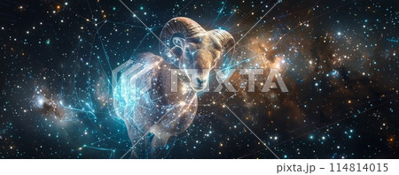Dynamic depiction of Aries the Ram constellation in a cosmic starfield 114814015