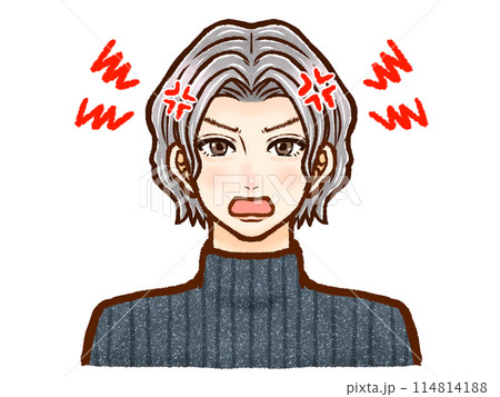 ハイネックのセーターを着た銀髪パーマの大人男性のイラスト素材5 114814188