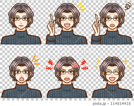 Illustration set of a black-haired adult man with glasses wearing a high-necked sweater 114814418