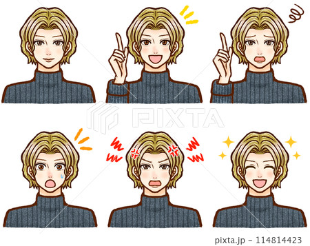 ハイネックのセーターを着た金髪パーマ大人男性のイラスト素材セット 114814423