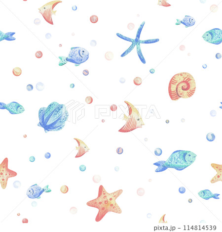 Various fish, starfish, shells and bubbles. Hand drawn watercolor illustration in blue and coral colors. Seamless pattern, childish, cute, gentle, simple for textiles and nursery decoration. 114814539