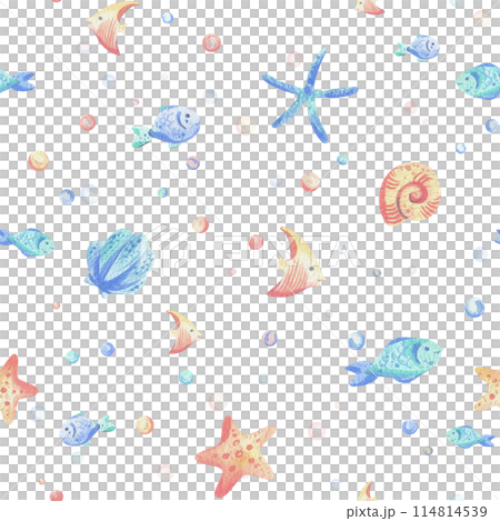 Various fish, starfish, shells and bubbles. Hand drawn watercolor illustration in blue and coral colors. Seamless pattern, childish, cute, gentle, simple for textiles and nursery decoration. 114814539