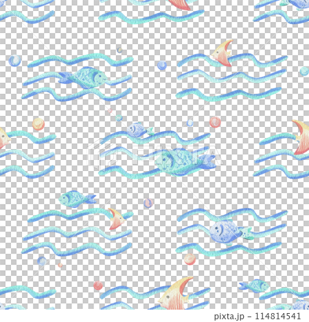 Sea waves, various fish and bubbles. Hand drawn watercolor illustration in blue and coral colors. Seamless pattern, childish, cute, gentle, simple for textiles and nursery decoration. 114814541