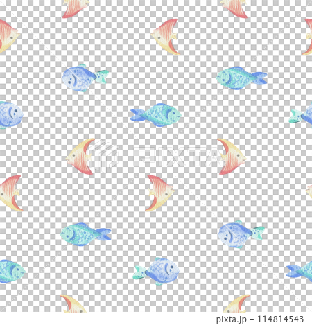 Various sea fish, simple, cartoonish. Watercolor illustration hand drawn with pastel colors turquoise, blue, mint, coral, peach. Seamless simple pattern children's Various sea fish, simple, cartoonish. Watercolor illustration hand drawn with pastel colors turquoise, blue, mint, coral, peach. Seamless simple pattern children's 114814543