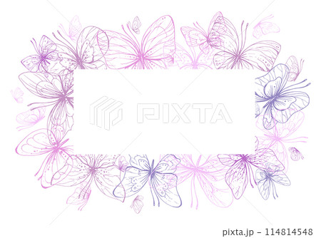 Butterflies are pink, blue, lilac, flying, delicate line art. Graphic illustration hand drawn in pink, lilac ink. Square frame, template EPS vector. 114814548