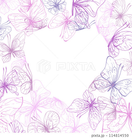 Butterflies are pink, blue, lilac, flying, delicate with wings and splashes of paint. Graphic illustration hand drawn in pink, lilac ink. heart shape frame, template EPS vector. 114814550
