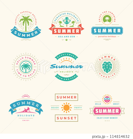Summer holidays labels and badges retro typography design set. 114814632