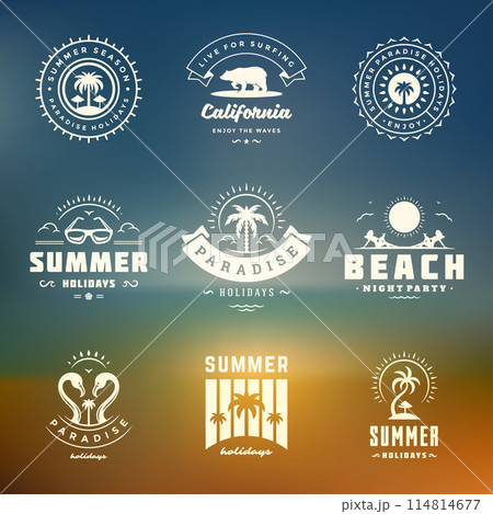 Summer holidays labels and badges retro typography design set. 114814677