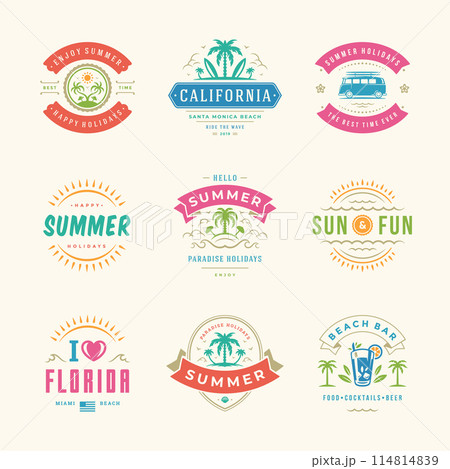 Summer holidays labels and badges retro typography design set. 114814839