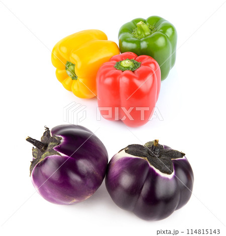 Set of sweet peppers and eggplants isolated on a white. Collage. 114815143