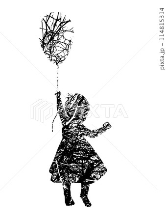 silhouette of a little girl with a balloon. hand drawing. Not AI. Vector illustration silhouette of a little girl with a balloon. hand drawing. Not AI. Vector illustration 114815314