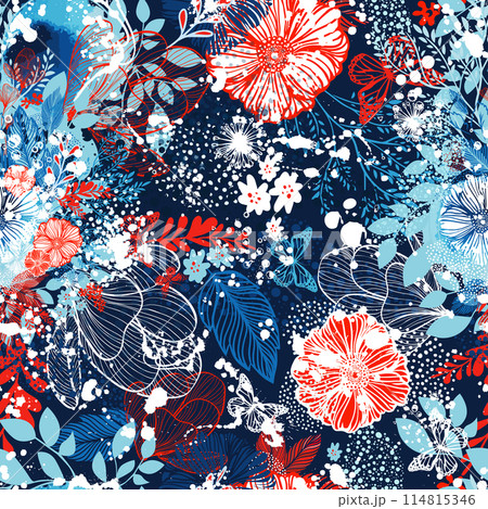 Seamless floral background blue and red flowers. hand drawing. Not AI, Vector illustration 114815346