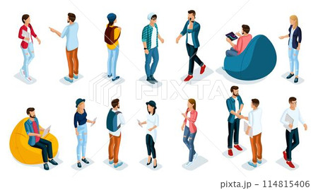 Trendy Isometric young people, teenagers and students. Creative people in the modern hipster clothing, shoes, jeans, hats, with modern gadgets, Freelancers on white background isolated. 114815406