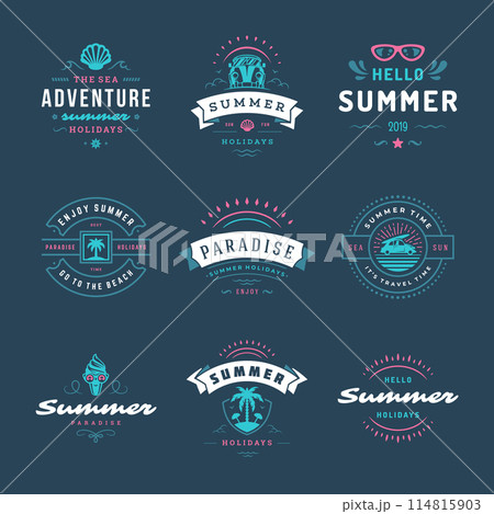 Summer holidays labels and badges retro typography design set. 114815903