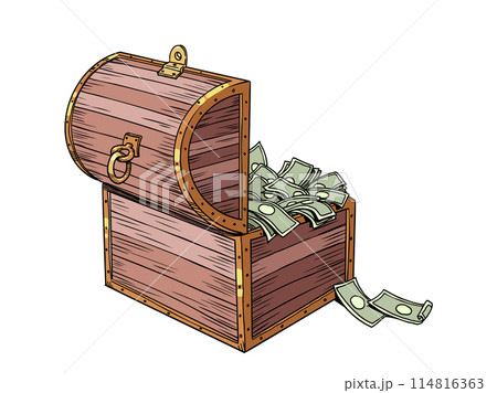 Pop Art Retro Wooden luxury chest with money. Financial savings that accumulate. Wealth under lock and key. 114816363