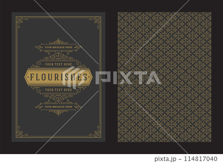 Vintage ornament greeting card calligraphic ornate swirls and vignettes frame design vector template Vintage ornament greeting card calligraphic ornate swirls and vignettes frame design vector template 114817040