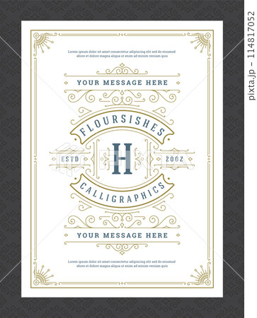 Vintage ornament greeting card calligraphic ornate swirls and vignettes frame design vector template Vintage ornament greeting card calligraphic ornate swirls and vignettes frame design vector template 114817052