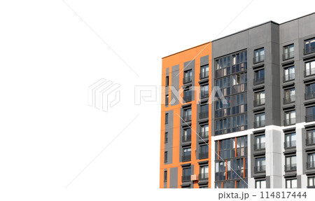 Modern urban apartment building, tall isolated on white background. New with condominium, window Modern urban apartment building, tall isolated on white background. New with condominium, window 114817444