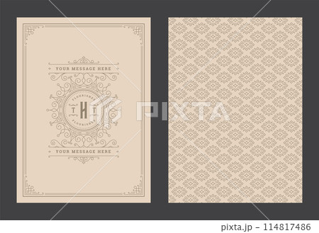 Vintage ornament greeting card calligraphic ornate swirls and vignettes frame design vector template Vintage ornament greeting card calligraphic ornate swirls and vignettes frame design vector template 114817486
