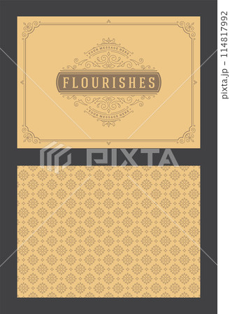 Vintage ornament greeting card calligraphic ornate swirls and vignettes frame design vector template Vintage ornament greeting card calligraphic ornate swirls and vignettes frame design vector template 114817992