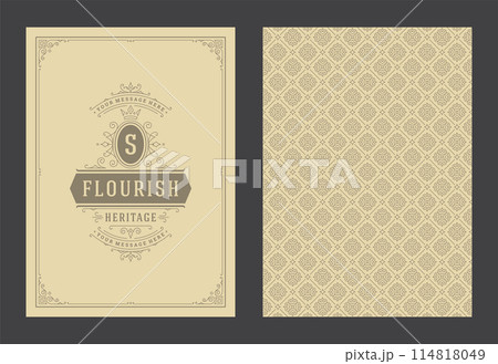 Vintage ornament greeting card calligraphic ornate swirls and vignettes frame design vector template Vintage ornament greeting card calligraphic ornate swirls and vignettes frame design vector template 114818049