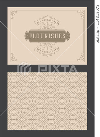 Vintage ornament greeting card calligraphic ornate swirls and vignettes frame design vector template Vintage ornament greeting card calligraphic ornate swirls and vignettes frame design vector template 114818075