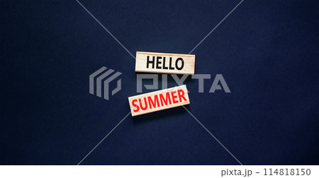 Hello summer symbol. Concept words Hello summer on beautiful wooden block. Beautiful black paper background. Business lifestyle Hello summer concept. Copy space. Hello summer symbol. Concept words Hello summer on beautiful wooden block. Beautiful black paper background. Business lifestyle Hello summer concept. Copy space. 114818150
