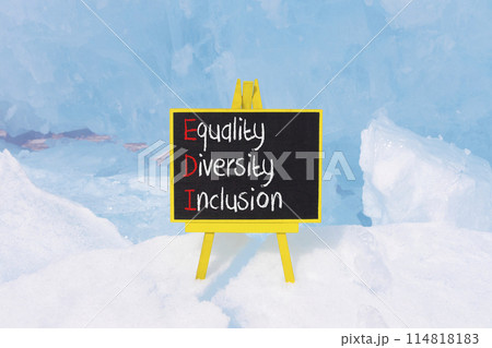 EDI equality diversity inclusion symbol. Concept words EDI equality diversity inclusion on yellow blackboard. Beautiful ice background. Business EDI equality diversity inclusion concept. Copy space. 114818183
