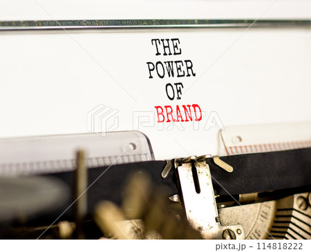 The power of brand symbol. Concept words The power of brand typed on beautiful old retro typewriter. Beautiful white background. Business the power of brand concept. Copy space. 114818222