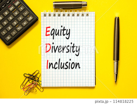 EDI equity diversity inclusion symbol. Concept words EDI equity diversity inclusion on white note. Beautiful yellow background. Business EDI equity diversity inclusion concept. Copy space. 114818225