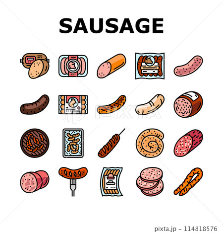 sausage grill barbecue pork icons set vector sausage grill barbecue pork icons set vector 114818576