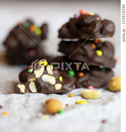 Almond Chocolate Clusters, selective focus.  114818598