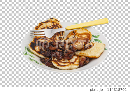 A delicious country breakfast, fried pancakes and meat and onions in a plate with a fork with no background. 114818702