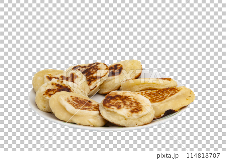 Delicious country breakfast, fried pancakes in a plate with a fork with no background 114818707