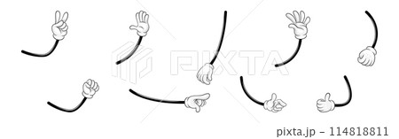 Cartoon Hand and Comic Arm with Five Fingers in White Glove Gesturing Vector Set 114818811