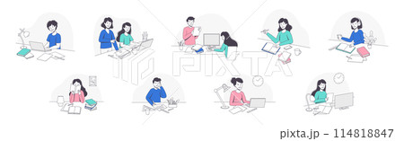 School Pupil Doing Homework Sitting at Desk with Book and Copybook Studying Vector Set 114818847