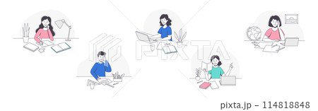 School Pupil Doing Homework Sitting at Desk with Book and Copybook Studying Vector Set 114818848