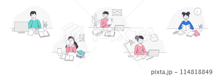 School Pupil Doing Homework Sitting at Desk with Book and Copybook Studying Vector Set 114818849