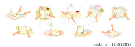 Human Hands Writing on Paper in Notepad and Diary Vector Illustration Set 114818852