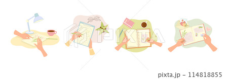 Human Hands Writing on Paper in Notepad and Diary Vector Illustration Set 114818855