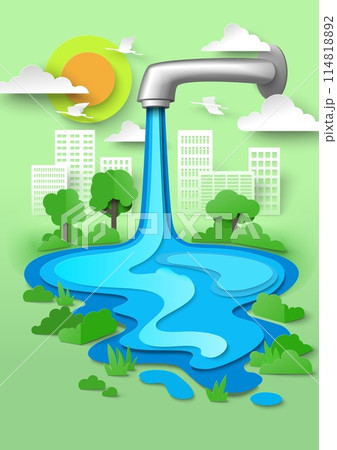Water world day papercut poster with tap faucet Water world day papercut poster with tap faucet 114818892